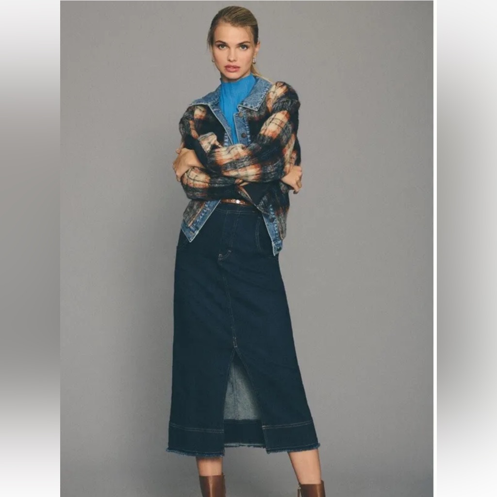 Anthropologie Pilcro Slit Front Denim Maxi Skirt Stretch Fray Hem Dark Blue
